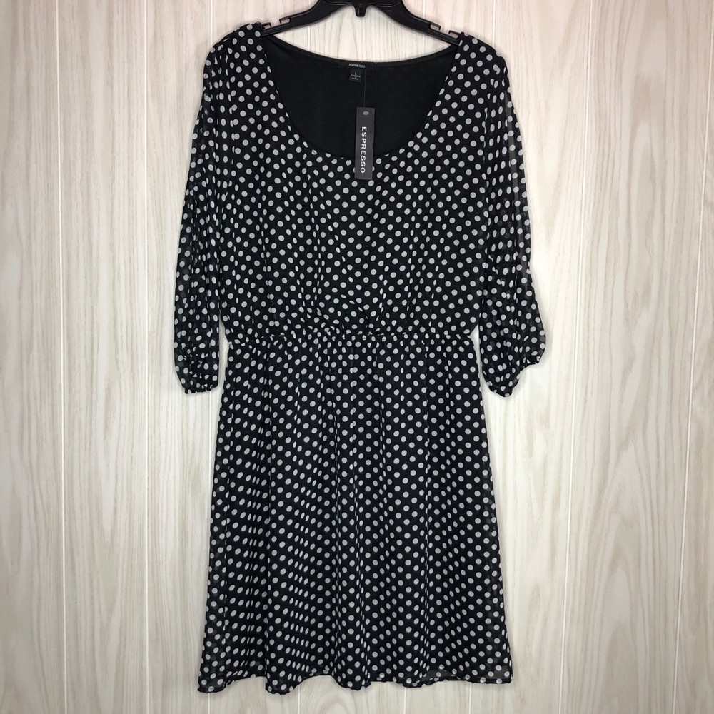 ESPRESSO Polka Dot Long Split Sleeve Black Dress